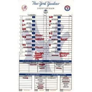  Yankees at Rangers 8 06 2008 Game Used Lineup Card: Sports 