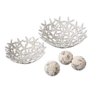   Spheres, S/5 Antique White Bowls With Three Seashell Spheres: Home