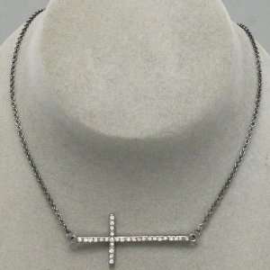  Sideways Cross Necklace, Hematite & Clear with Rhinestones 