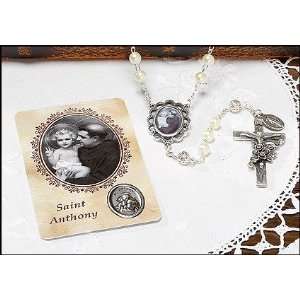  St Saint Anthony Rosary in Box with Two Holy Cards, Velour 