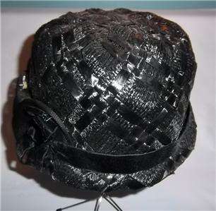 Vintage LAZARUS Black Straw Pillbox Hat Tulle & Flowers  