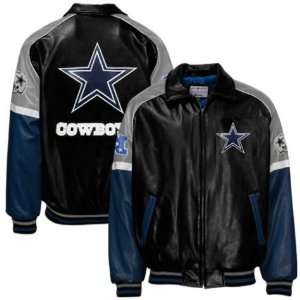  Men`s Dallas Cowboys Black Pleather Varsity Jacket: Sports 
