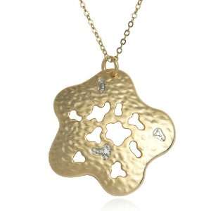 Yellow Gold Plated Sterling Silver Hammered Flower and Diamond Pendant 