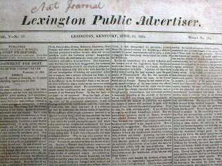 RARE ORIGINAL 1824 LEXINGTON PUBLIC ADVERTISER Kentucky NEWSPAPER 187 