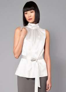 New Lafayette 148 $248 Silk Sarita Blouse Sleeveless White Pleats Sash 