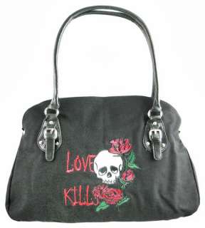 Love Kills` Skull Black Canvas Overnight Bag Tote  