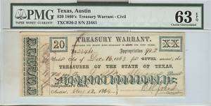 1861 $20 TREASURY WARRANT  CIVIL Austin Texas PMG CU 63  