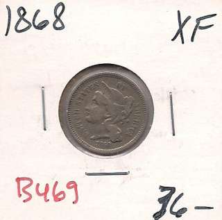 1868 Three Cent Sliver Nickel 3c Extra Fine B469  