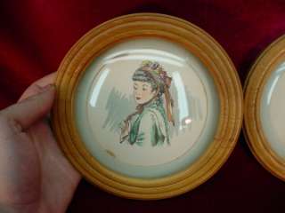 Pair 1930s ROUND VICTORIAN FASHION PRINTS Hand Painted Framed UNDER 