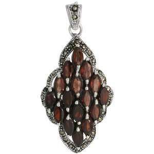 Marcasite Diamond Shape Pendant, w/ Marquise Cut 8x4 mm Garnet Stones 