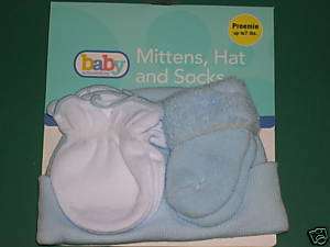 BABY PREEMIE PERSONALIZED HAT CAP, MITTENS + SOCKS BLUE  