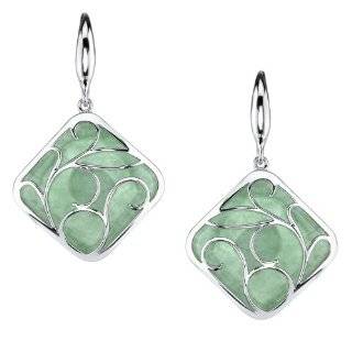 Designer Green Jade Dangle Earrings with Sterling Silver Leaf Scroll 