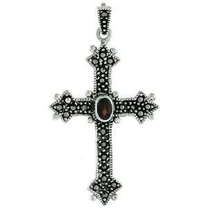   Marcasite Cross with Natural Garnet Stone 1 3/4 (45mm): Jewelry