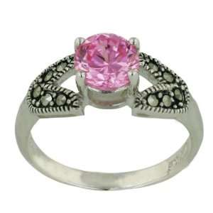 Sterling Silver Marcasite 7mm Solitiare Pink Cubic Zirconia Ring with 