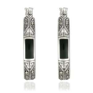   Silver Marcasite Onyx Oval Hoop Earrings (0.6 Diameter) Jewelry