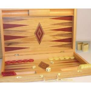  Oak Backgammon, Red/Natural inlaid board, no cups, 1.3 