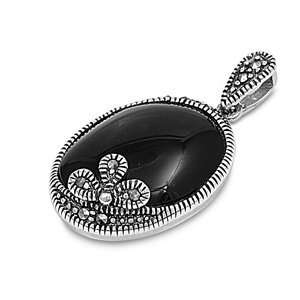   Sterling Silver & Black Onyx Noble Design Marcasite Pendant: Jewelry