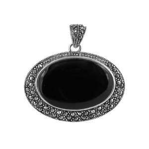   Oval Shaped Black Onyx Marcasite 44mm x 31mm Dangle Pendant Jewelry