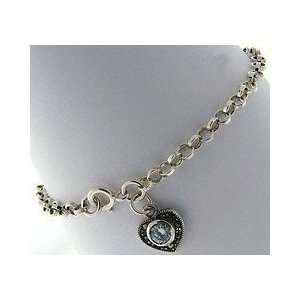    Sterling Silver Marcasite and CZ Heart Charm Bracelet Jewelry