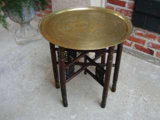 Antique English Wood Folding Incised BRASS TRAY Coffee Tea Table Asian 