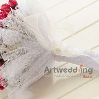 Silk Burgundy Roses Mesh Wrapped Bridal Bouquet Wedding Flower 