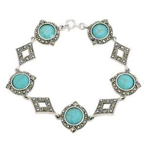  Sterling Silver Marcasite Synthetic Turquoise Deco Bracelet 