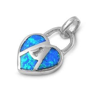  Sterling Silver & Blue Opal Heart Padlock Pendant: Jewelry