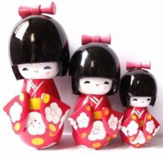 Japanese Kokeshi 3Pcs Red Wooden Doll  
