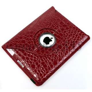 Red iPad 2 360° Rotating Magnetic Leather Case Smart Cover W/ Swivel 