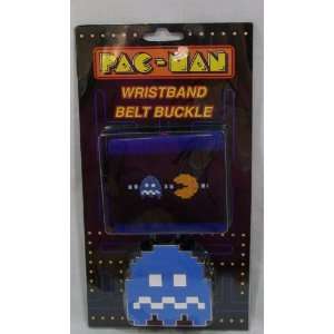 Pac man Blue Ghost Metal Belt Buckle & Terrycloth Wristband Set
