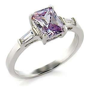 Rhodium Plated Brass Rosette Ring with Light Amethyst Cubic Zirconia 