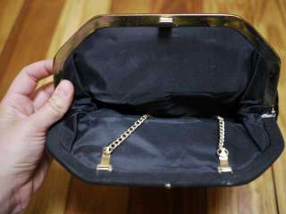 Vtg 60s Black Fabric Brass Lined Clutch Purse Bag  