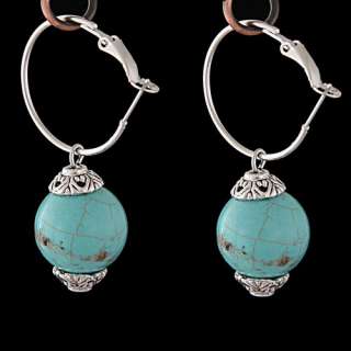 turquoise ball blue gemstone Tibet silver hoop earrings  