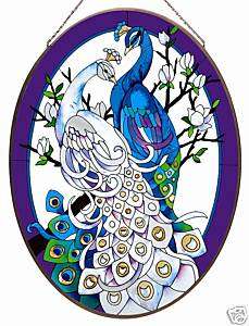 WHITE & BLUE PEACOCKS * OVAL 17x23 STAINED GLASS PANEL  