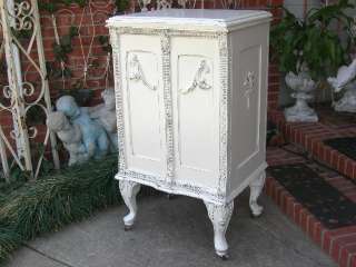   SHABBY WHITE PAINTED ARMOIRE CABINET~CHIC PETITE FURNITURE~CARVED OAK