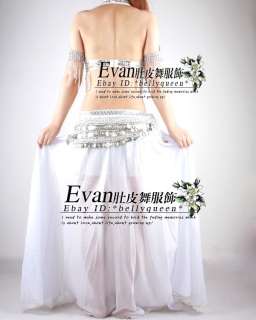 Belly Dance Costume 3Pics Bra Skirt Belt White/Silver  