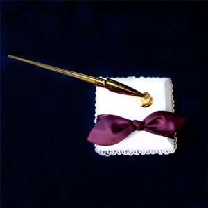  Burgundy Satin Bow Ivory Reception Pen Set Penstand for Wedding 