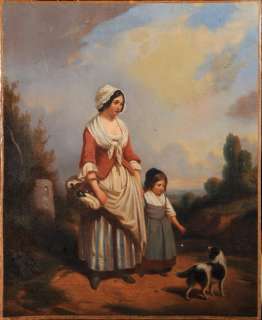   Lacroix Antique Oil Painting Woman Child & Dog Scene Genre 1850  