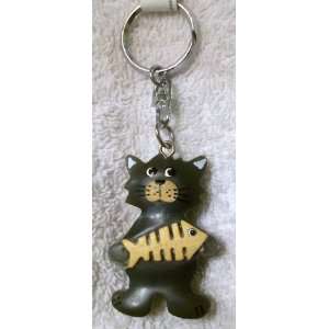  Wooden Hand Crafted Cat with a Fish Bone Key Ring, Key Chain, Key 