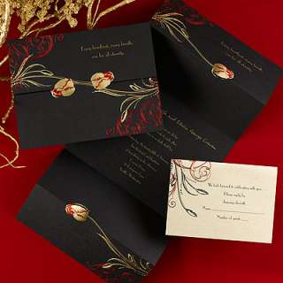   black, vertical z fold wedding invitation w/ gold & red foil  