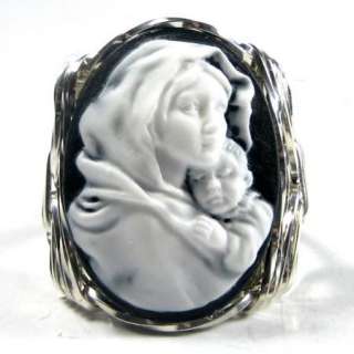 Mother Mary Baby Jesus Cameo Ring Sterling Silver  