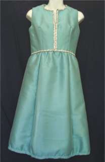   Made 1960s Jackie O Mad Men Blue Dress Rhinestone Neck and Waist Line
