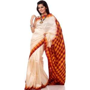   Plain Kanjivaram Sari with Checks on Border and Anchal   Pure Silk