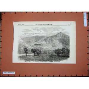   1848 Antique Print Country Scene Mountains Trees Sheep
