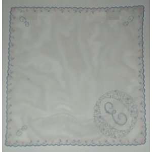 : Vintage Light Blue Flowers Embroidery Letter E Ladies Handkerchief 