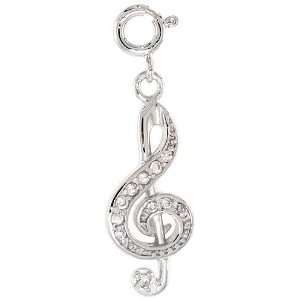  Sterling Silver Jeweled G Clef Pendant, w/ CZ Stones, 1 in 