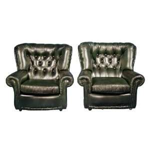  Pair of Antique Dukes Style Green Leather Arm Chairs: Home 
