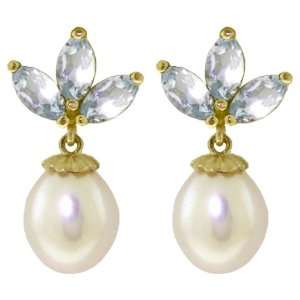    14k Solid Gold Freshwater Pearl Earrings with Aquamarines Jewelry