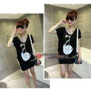 Women korea swan loose top T shirts mini dress BLK Q541  