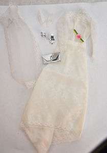   Doll 5 Piece Outfit Sheer Lace Wedding Gown Bride Veil Shoes Purse VTG